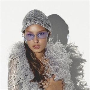 Fashion rhinestone beanie hat with rimless sunglasses and large silver geometric earrings