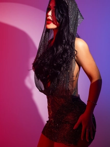 Sparkly black sequin hooded backless mini dress for party and club wear