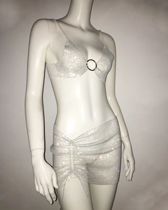 Detailed view of sparkling rhinestone party set with camisole top and mini skirt