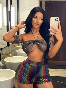 Haut Court Dos Nu Sexy en Maille à Strass pour Femme et Manches Tenues de Fête Clubwear Festival de Musique Haut Bandeau