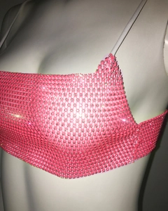 Detailansicht des neonpinken Strass-Pailletten-Oberteils für Musikfestivals