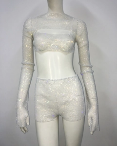 Detail of three-piece silver rhinestone set with tube top, shorts and long sleeve gloves