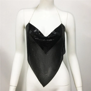 Detail of black sequin halter top featuring metallic mesh and chain straps for parties
