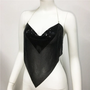 Detailed view of black metallic mesh halter top with silver chain straps and V-neckline