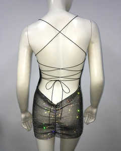 Detailed back view of sexy bodycon mini dress featuring rhinestone mesh and lace-up straps