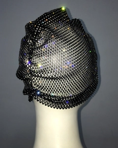 Detail shot of black mesh headpiece with sparkling rhinestones for party wear