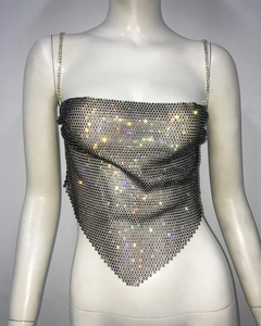 Detail of sexy black mesh top with colorful rhinestones and handkerchief hem design