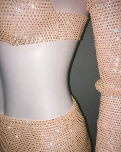 Detail of sexy three-piece fishnet set with sparkling rhinestones on mesh top and skirt