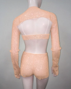 Detailed back view of rhinestone studded long sleeve crop top and matching shorts set
