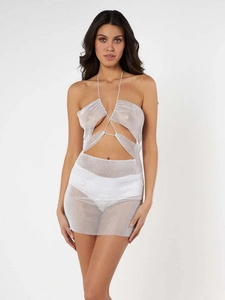 Sparkly white rhinestone mesh two-piece set featuring halter crop top and mini skirt for party