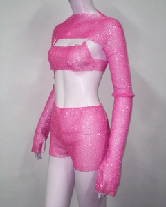 Detail of pink rhinestone mesh three-piece set with long sleeve crop top and shorts