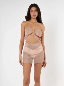 Pink rhinestone fishnet bodycon dress with halter neck and cutout details