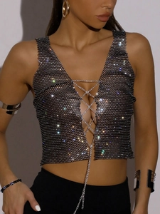 Women Sexy Rhinestone Mesh Crop Top Metal Chain Criss-Cross Halter V Neck Sparkly Glitter Party Nightclub Vest Top