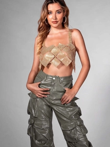 Sexy gold rhinestone mesh top paired with olive green faux leather cargo pants