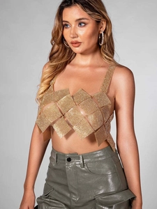 Sexy gold rhinestone mesh camisole top with metallic sequins for party wear