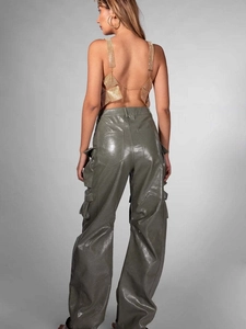 Sexy gold rhinestone mesh camisole paired with olive green faux leather cargo pants