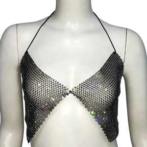 Women's black halter fishnet top with colorful rhinestones for party wear