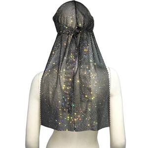 Black fishnet headband with sparkling rhinestones for music performances and stage wear