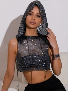 Top Corto con Cappuccio in Rete di Strass Sexy da Donna Canotta Senza Maniche Scintillante per Party Clubwear Nero