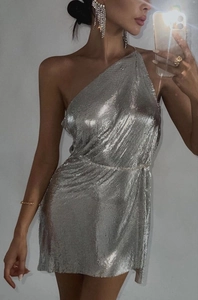 Detailed texture of silver metal mesh sequin dress with elegant one-shoulder design