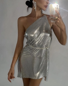 Detail of silver metallic mesh fabric on a sexy one-shoulder bodycon sequin party dress