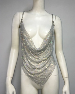 Détail du haut licou en métal argenté brillant avec mesh de strass et chaînettes