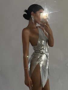 Sexy silver metallic sequin halter mini dress with high slit for party wear