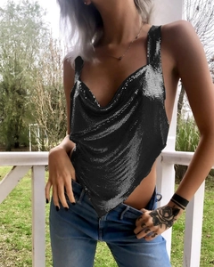 Detail of black metal mesh crop top with deep V-neck and sequin reflective texture