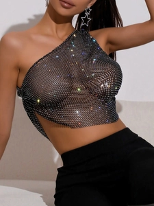 Sexy black one-shoulder mesh top with sparkling rhinestones for party and club wear