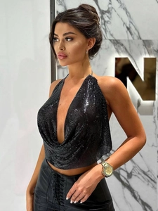 Sexy black sequin halter top with metallic chain mesh for party and clubwear