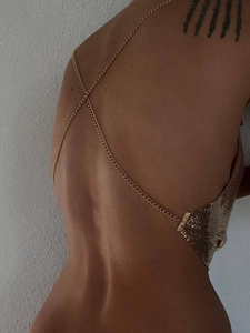 Sexy golden metal sequin chain top with crisscross backless design for summer fashion