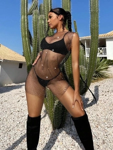 Women's black mesh mini dress with rhinestones featuring sleeveless crew neck design