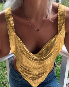 Detail shot of a shimmering gold metal sequin camisole top with cowl neck and metallic mesh