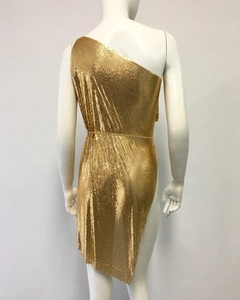 Detailed back view of gold sequin mesh asymmetric party dress on mannequin