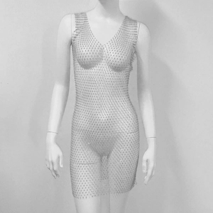 Detail of silver rhinestone mesh dress showing deep V-neck and sleeveless slim-fit cut