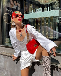 Détails de mode d'un sac en fourrure rouge avec haut en strass argenté et accessoires