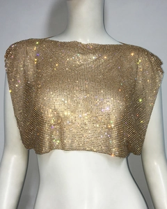 Macro shot of shimmering gold sequin mesh and rhinestone details on the crop top