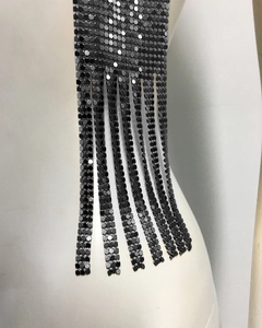 Close-up of black metallic sequin mesh scarf with industrial chainmail fringe detail