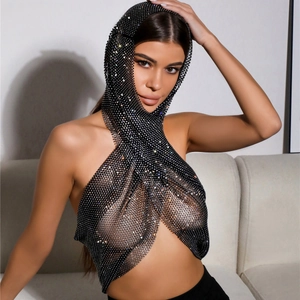 Top Sexy Allacciato al Collo in Rete di Strass Con Cappuccio Schiena Scoperta Top Corto in Rete Scintillante Per Feste