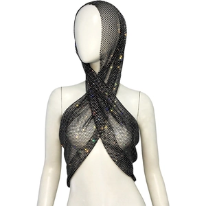 Sexy top a rete nero con strass multicolore e cappuccio per abbigliamento party