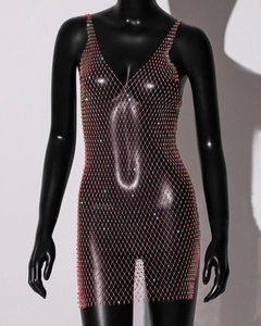 Close-up of colorful rhinestone mesh dress featuring handcrafted diamond grid pattern detail