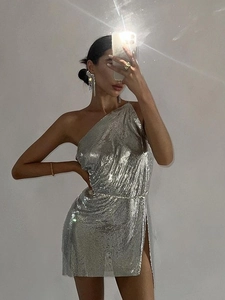 Sexy Women One Shoulder Metal Mesh Sequin Mini Dress With Rhinestone Waist Chain Asymmetric Party Dress Clubwear Evening Gown