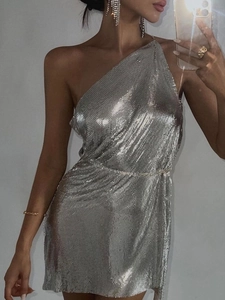 Sexy silver sequin one-shoulder dress with metallic mesh fabric and asymmetrical neck