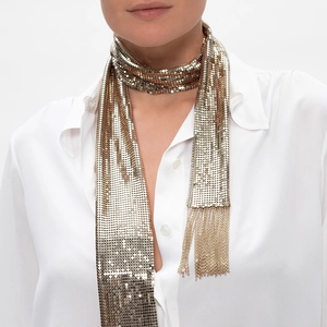 Minimalist gold metal sequin scarf with aluminum mesh and delicate chain tassels