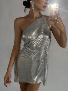 Sparkling silver sequin bodycon dress with one-shoulder design for party wear