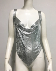 Close-up of silver metal sequin camisole with chainmail mesh and cowl neck design