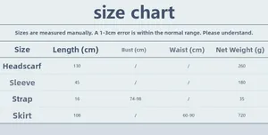 Detailed size chart for rhinestone mesh outfit showing top, skirt, and sleeves dimensions