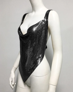 Detail of black metallic sequin mesh bodysuit featuring deep V-neck and halter open back
