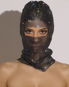 Detailed view of the sparkling rhinestones on the black mesh balaclava face mask fabric