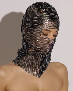 Detail showing high-elasticity black fishnet mask with sparkling rhinestones for parties